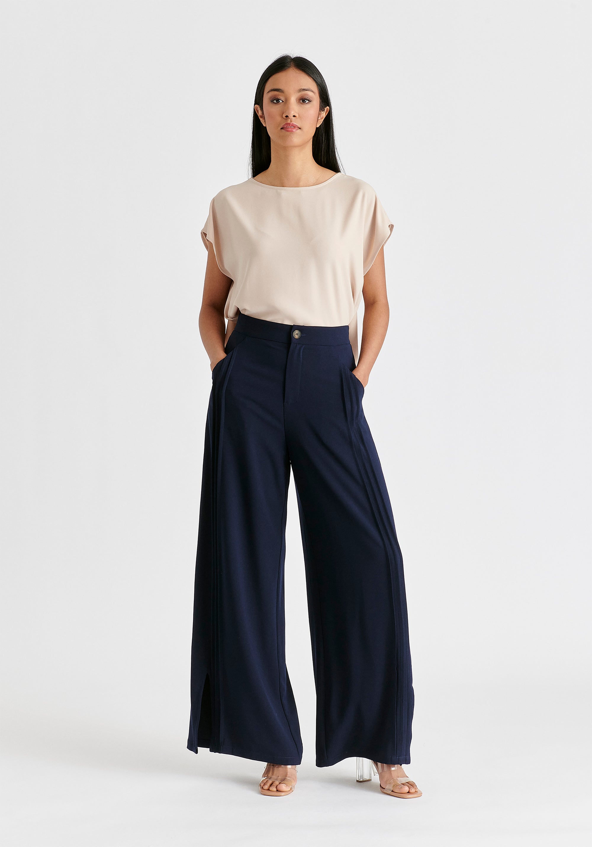 Round Neck Cape Top with Belt in Taupe Front