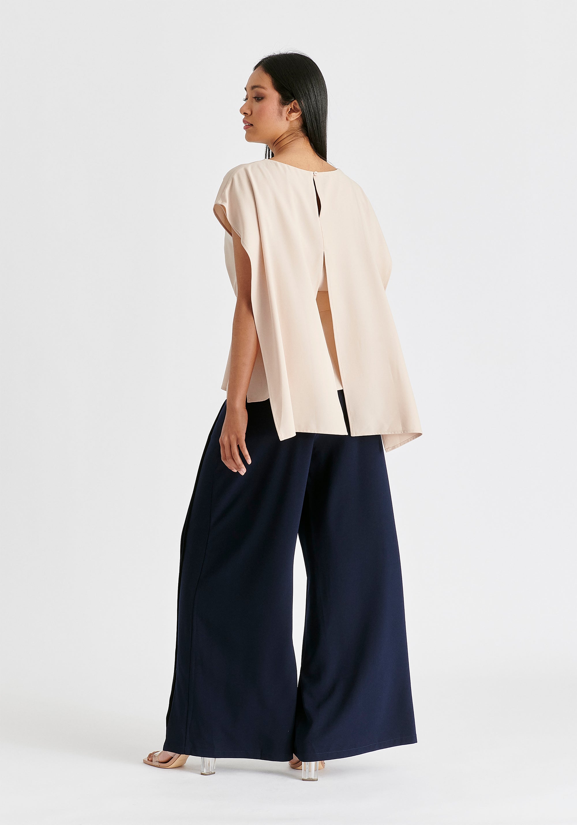 Round Neck Cape Top with Belt in Taupe Back