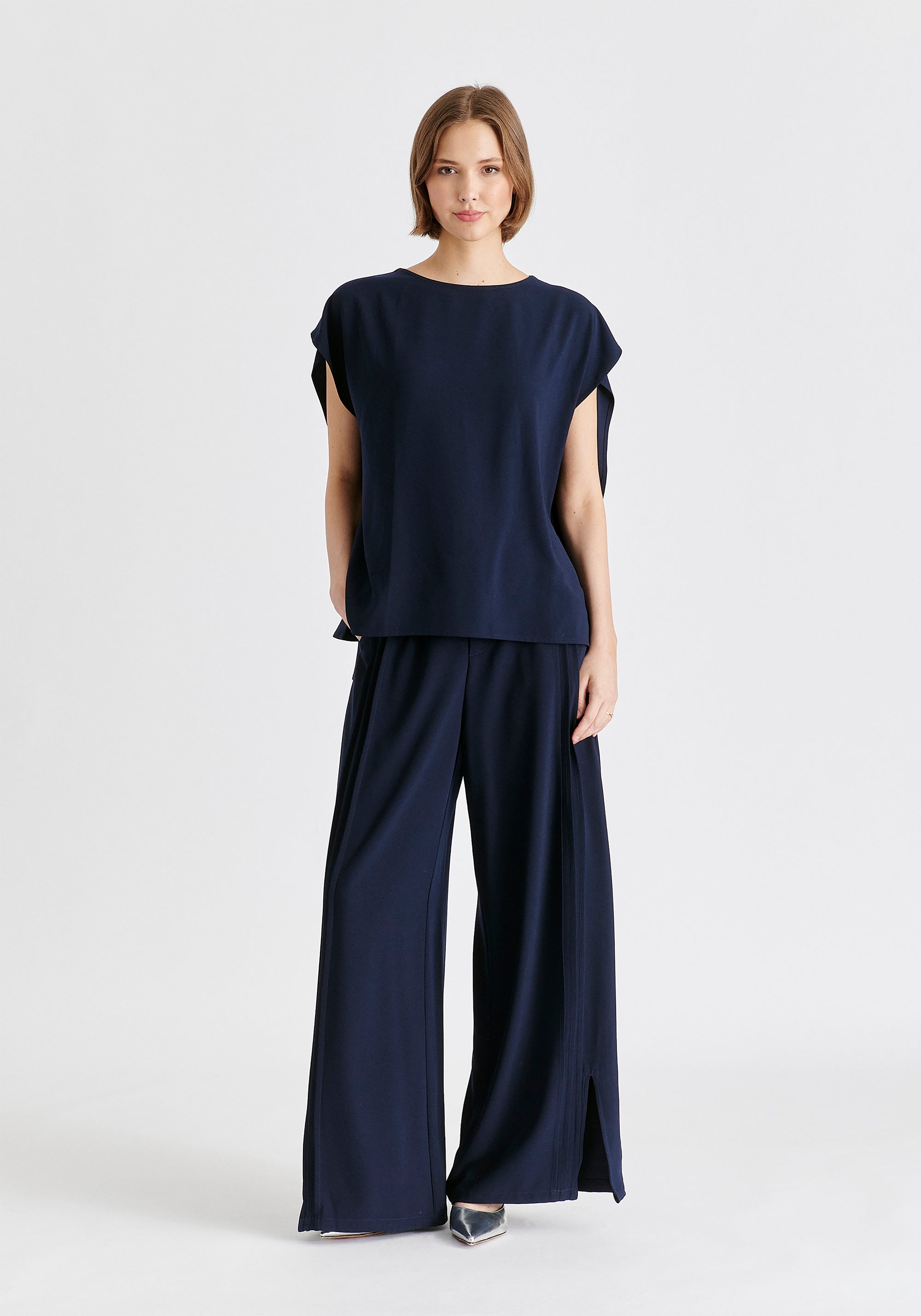 Round Neck Cape Top with Belt in Navy