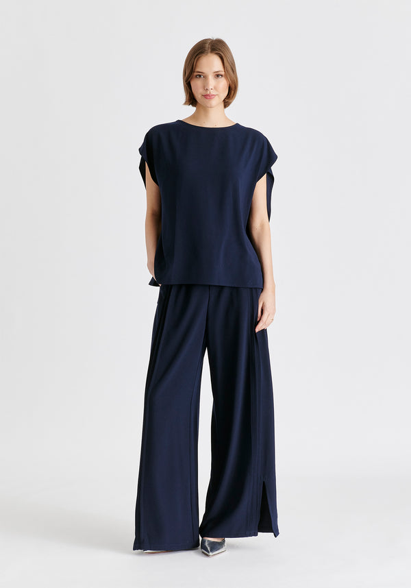 Round Neck Cape Top with Belt in Navy