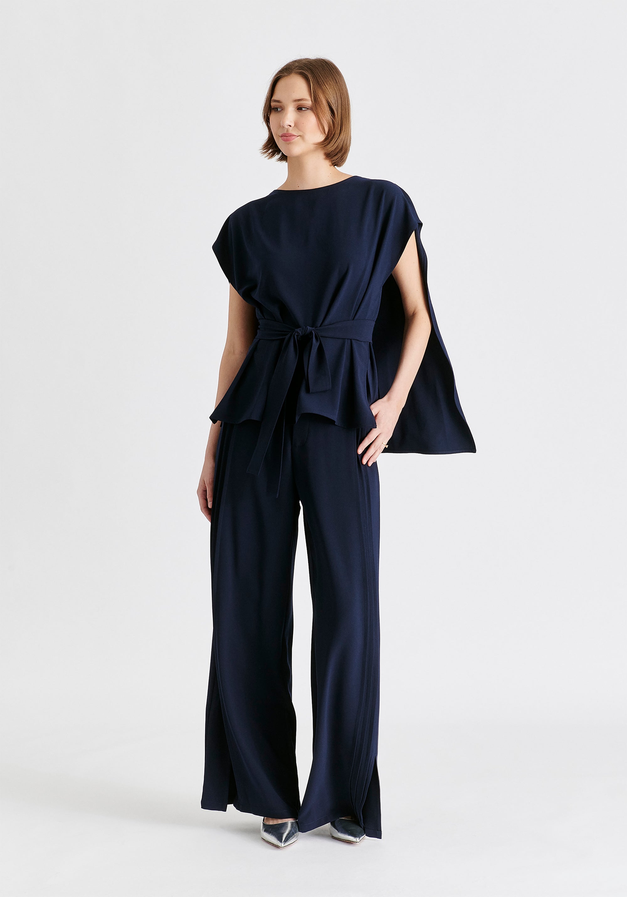 Round Neck Cape Top with Belt in Navy Front