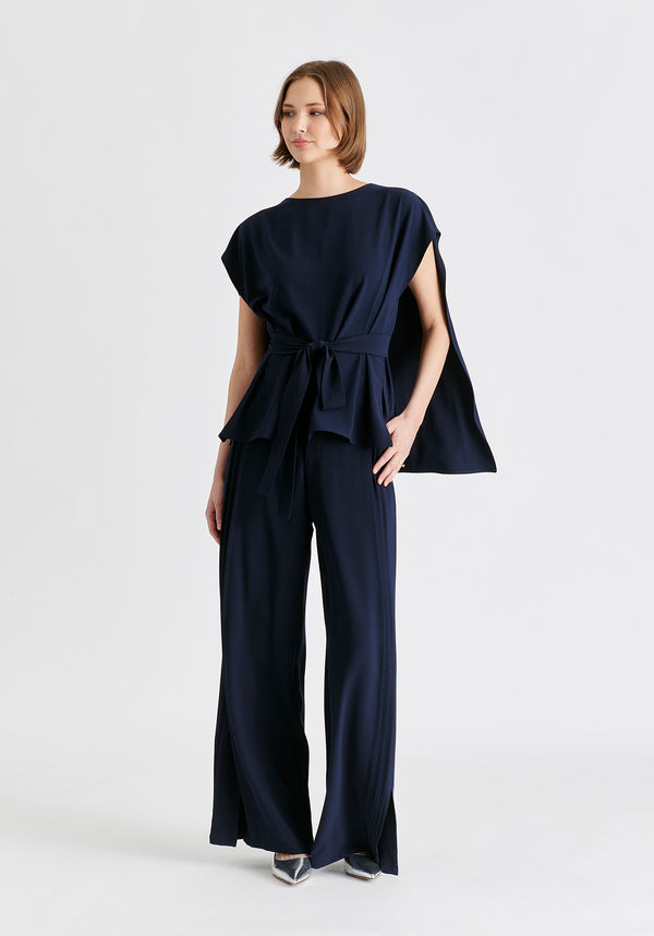 Round Neck Cape Top with Belt in Navy Front