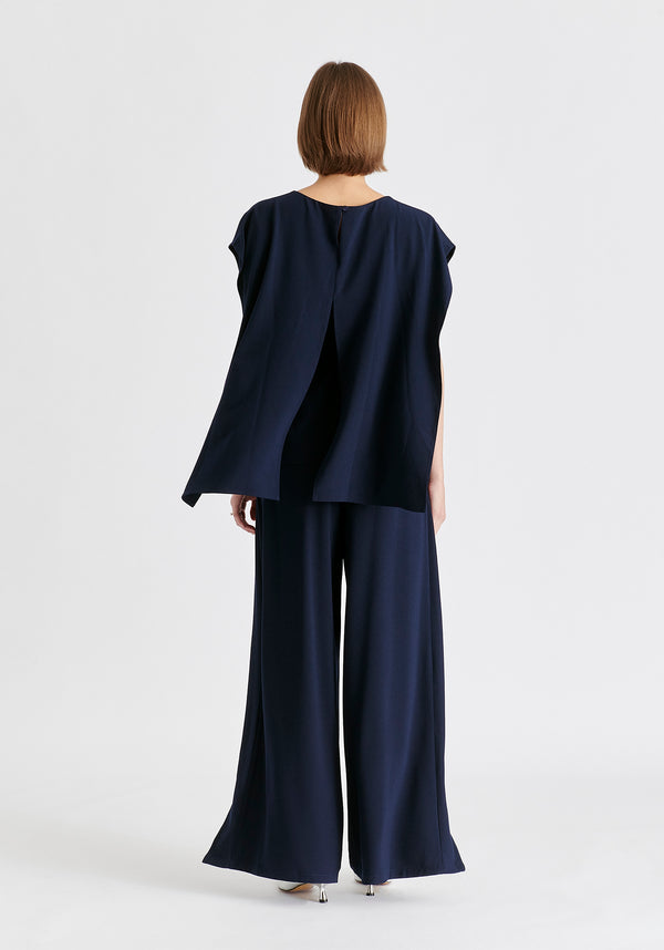Round Neck Cape Top with Belt in Navy Back