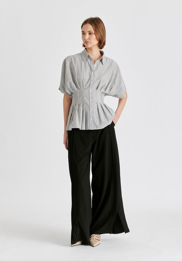 Striped Shirt with Waist Pleats
