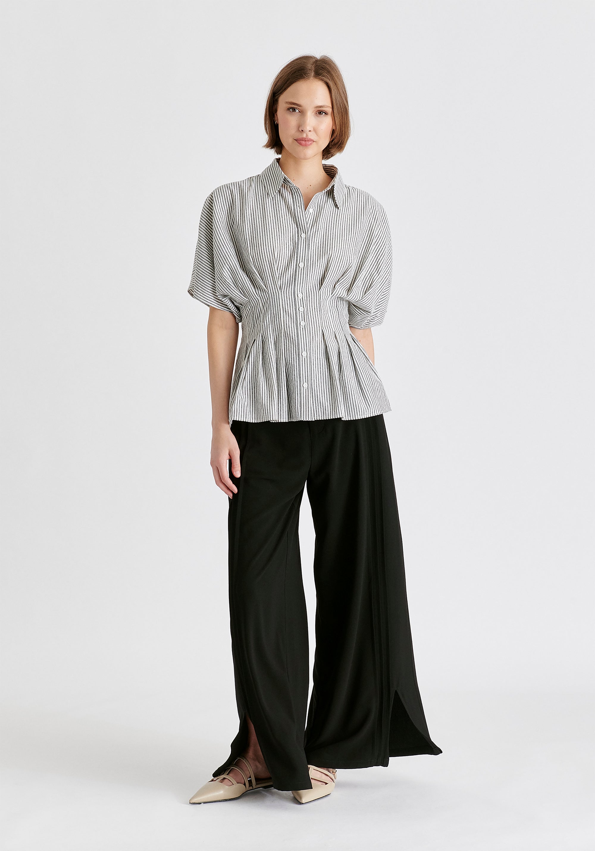 Striped Shirt with Waist Pleats