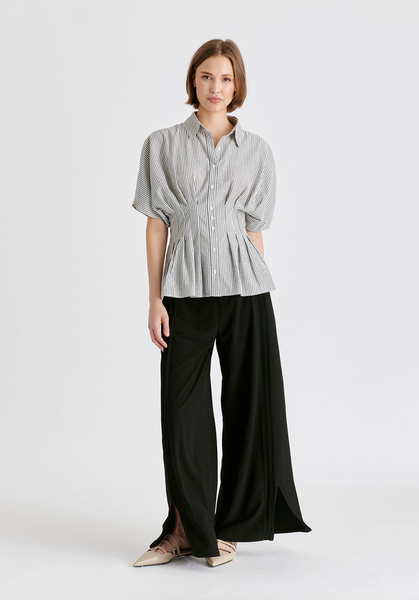 Striped Shirt with Waist Pleats