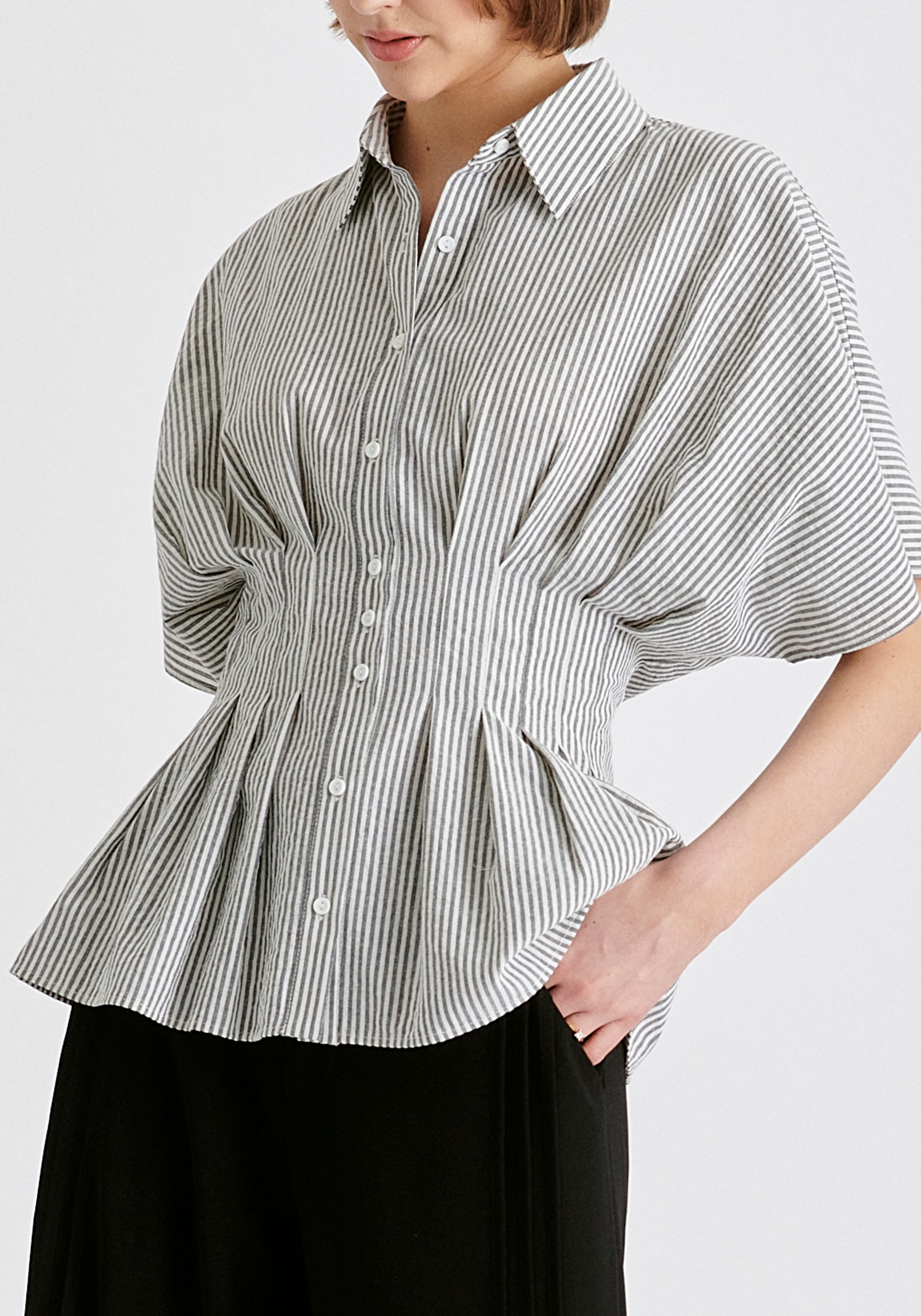 Striped Shirt with Waist Pleats