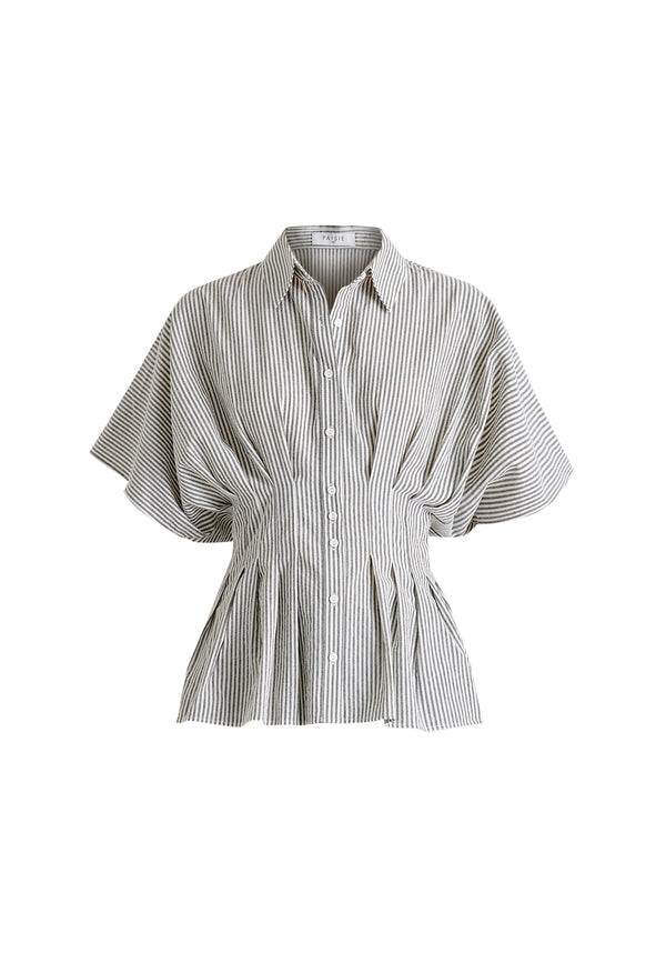 Striped Shirt with Waist Pleats