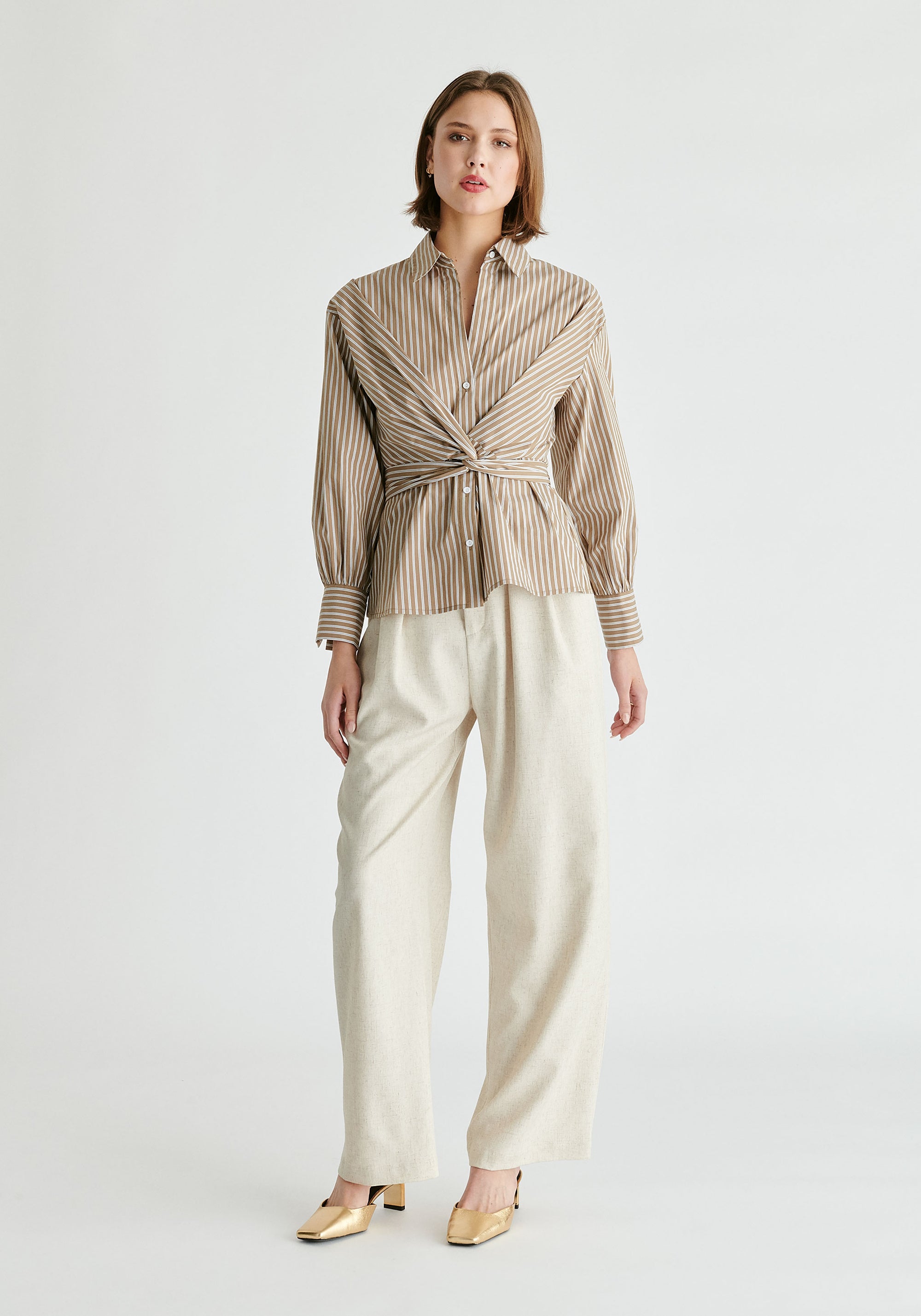 Wrap Tie Waist Shirt in Khaki Stripes