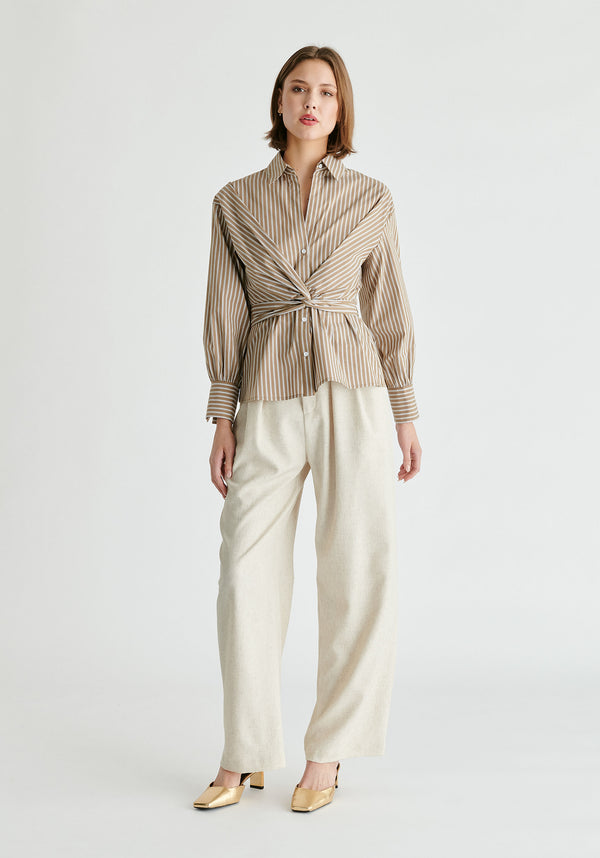 Wrap Tie Waist Shirt in Khaki Stripes