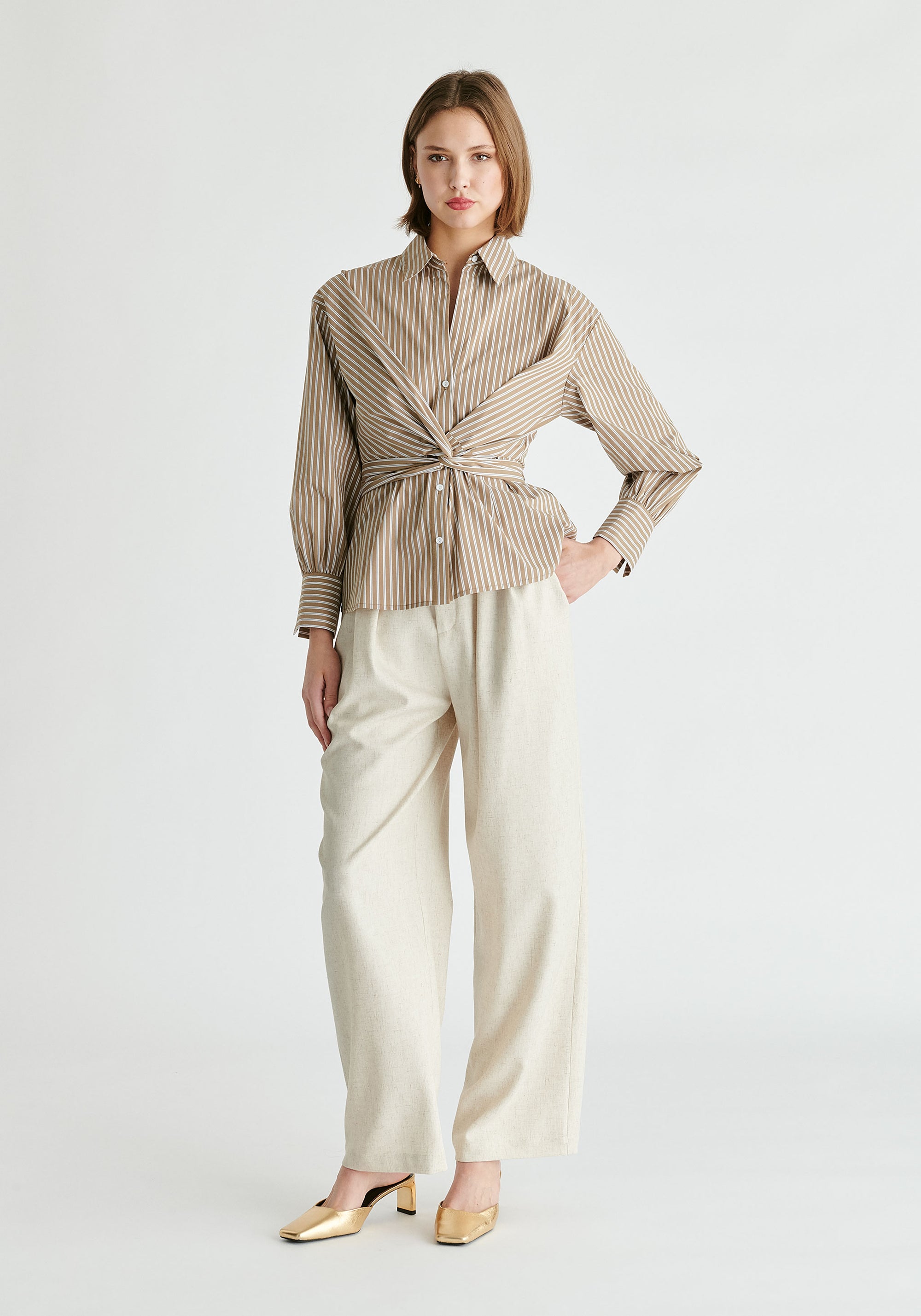 Wrap Tie Waist Shirt in Khaki Stripes Front