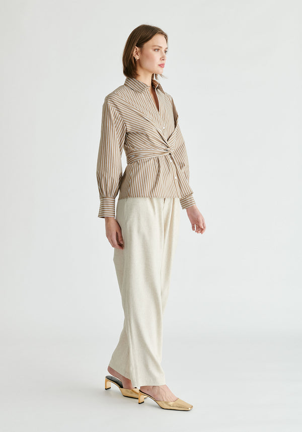 Wrap Tie Waist Shirt in Khaki Stripes Side