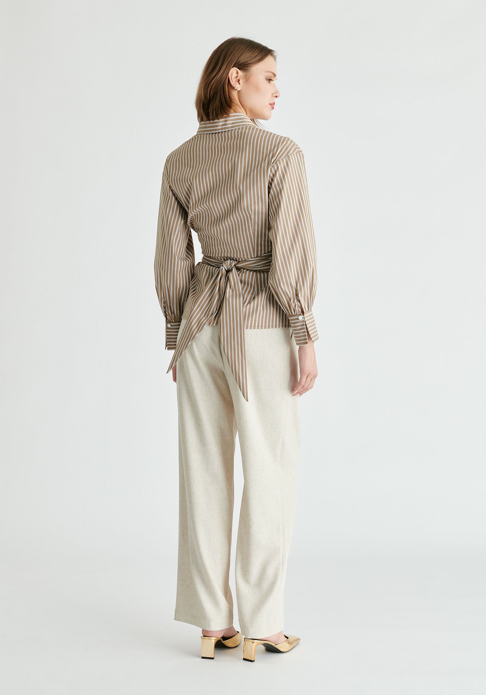 Wrap Tie Waist Shirt in Khaki Stripes Back