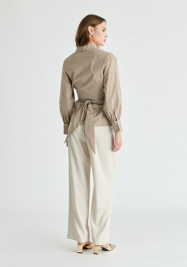 Wrap Tie Waist Shirt in Khaki Stripes Back