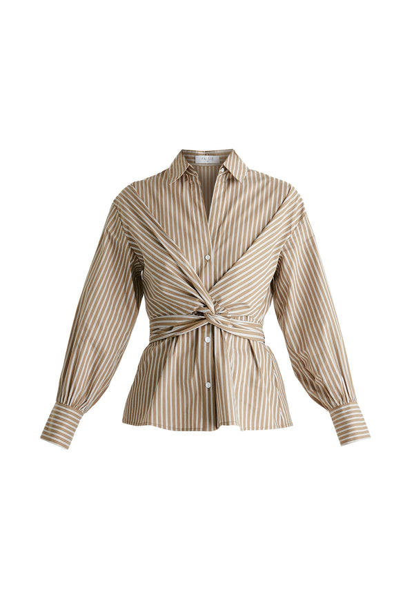 Wrap Tie Waist Shirt in Khaki Stripes Cutout