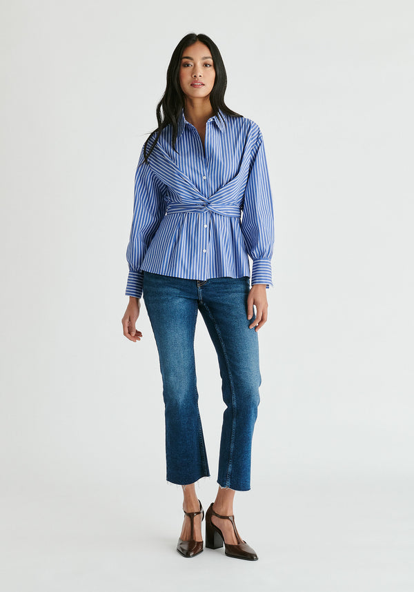 Wrap Tie Waist Shirt in Blue Stripes