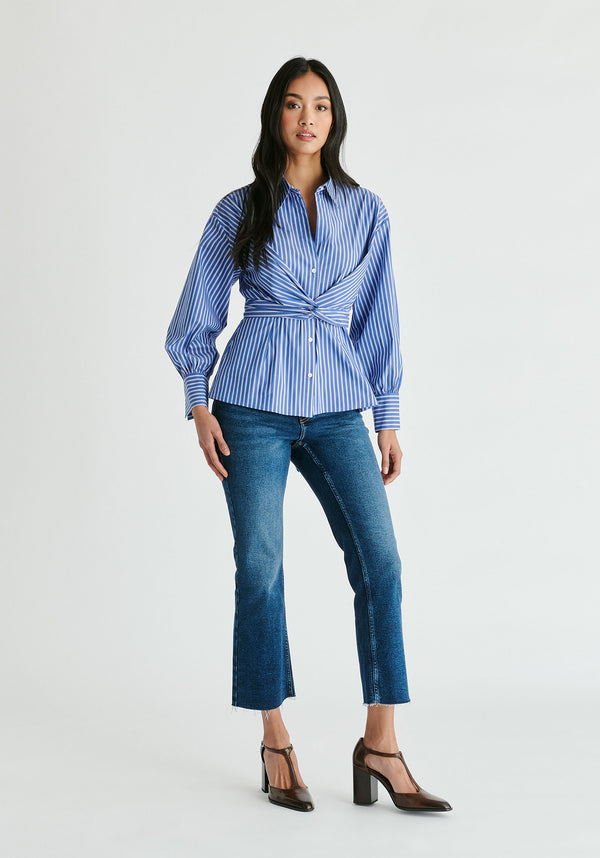 Wrap Tie Waist Shirt in Blue Stripes Front