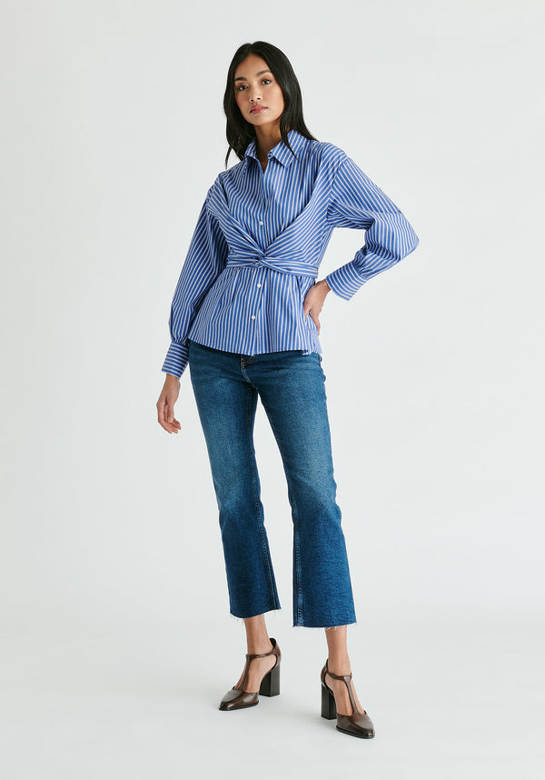 Wrap Tie Waist Shirt in Blue Stripes Front
