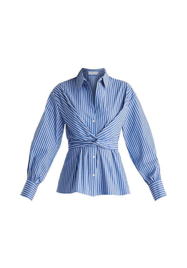 Wrap Tie Waist Shirt in Blue Stripes Cutout