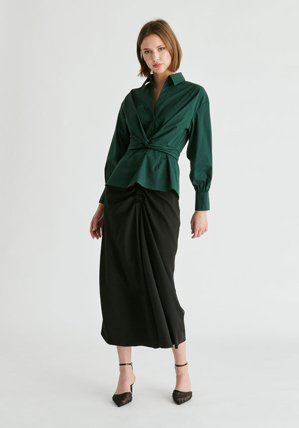Wrap Tie Waist Shirt in Dark Green
