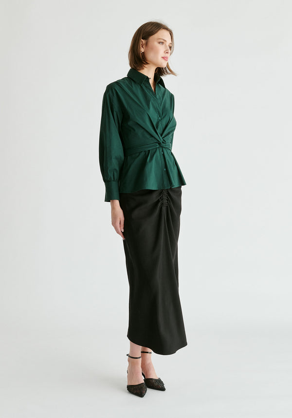 Wrap Tie Waist Shirt in Dark Green Side