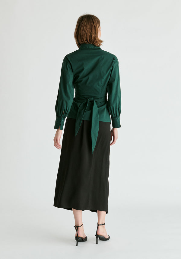 Wrap Tie Waist Shirt in Dark Green Back