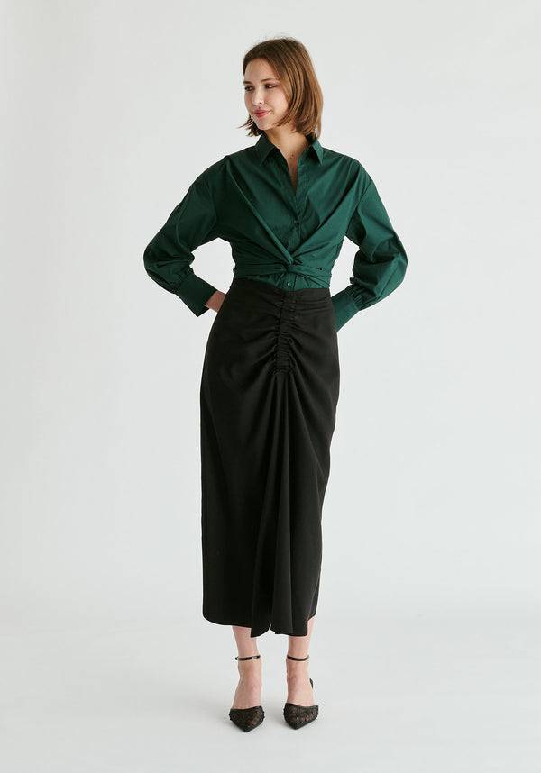 Wrap Tie Waist Shirt in Dark Green Front