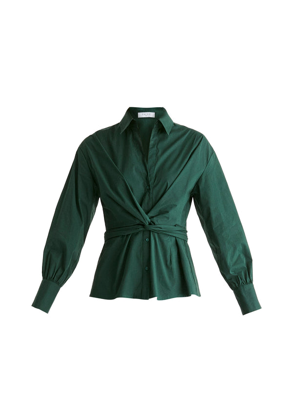 Wrap Tie Waist Shirt in Dark Green Cutout