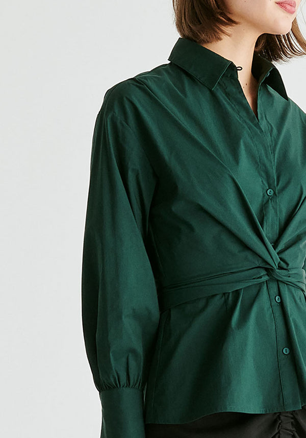 Wrap Tie Waist Shirt in Dark Green Closeup