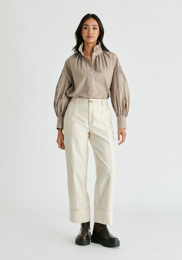 Puff Sleeve Shirt with Ruffled Collar in Khaki Stripes
