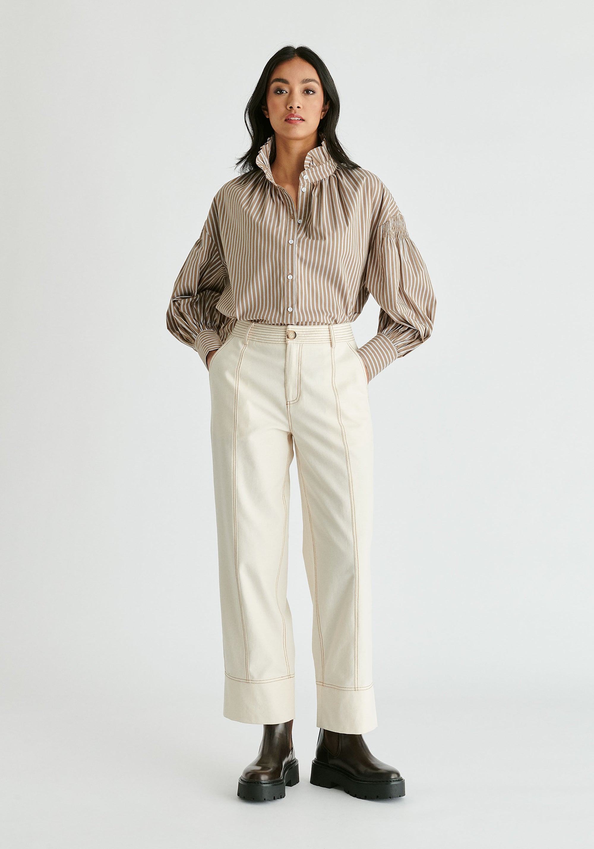 Puff Sleeve Shirt with Ruffled Collar in Khaki Stripes Front