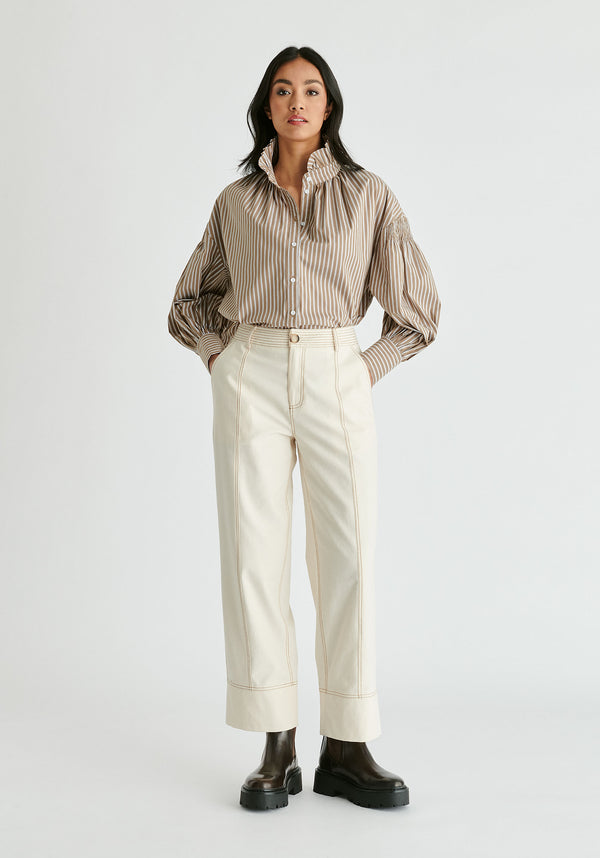 Puff Sleeve Shirt with Ruffled Collar in Khaki Stripes Front