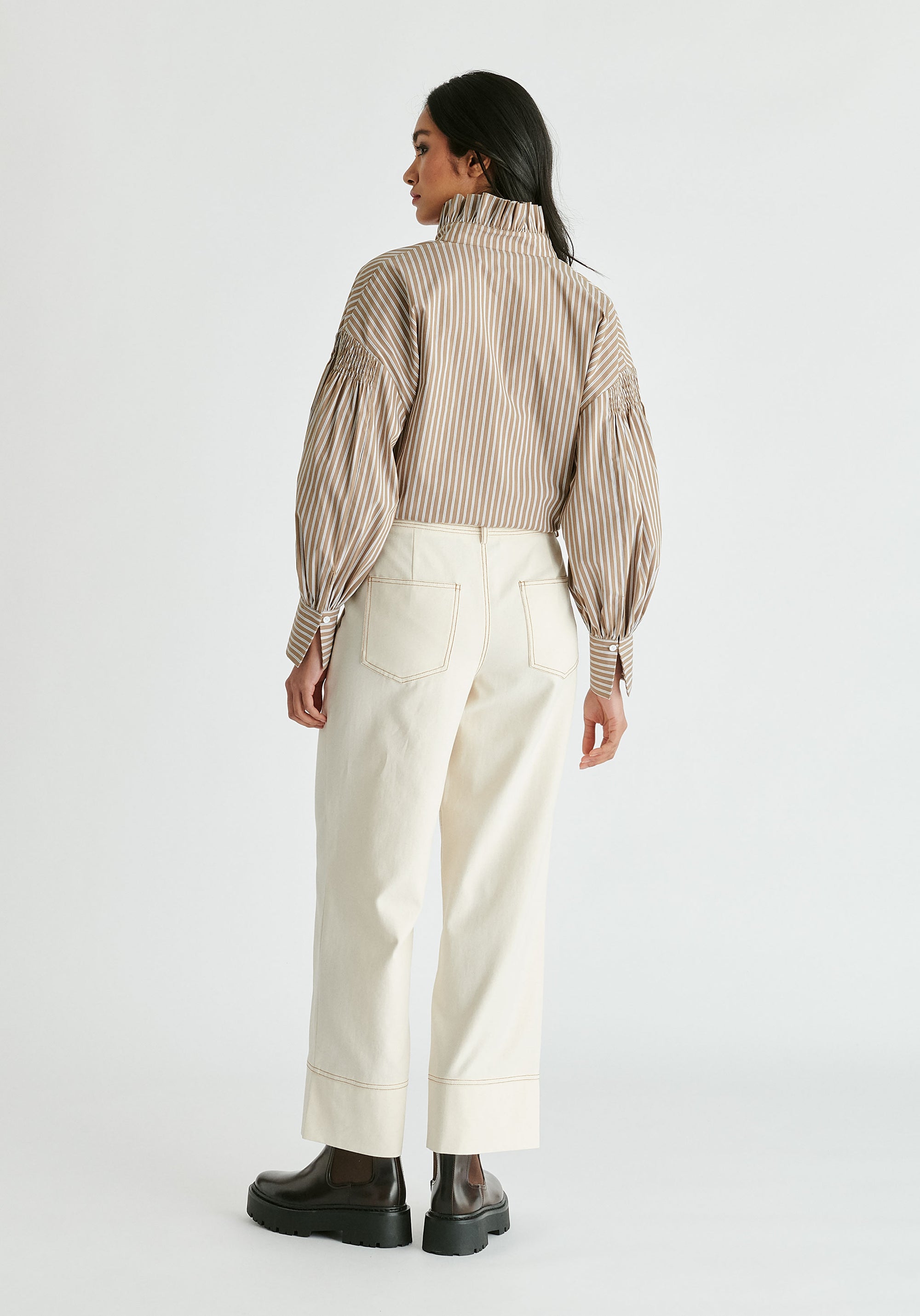 Puff Sleeve Shirt with Ruffled Collar in Khaki Stripes Back