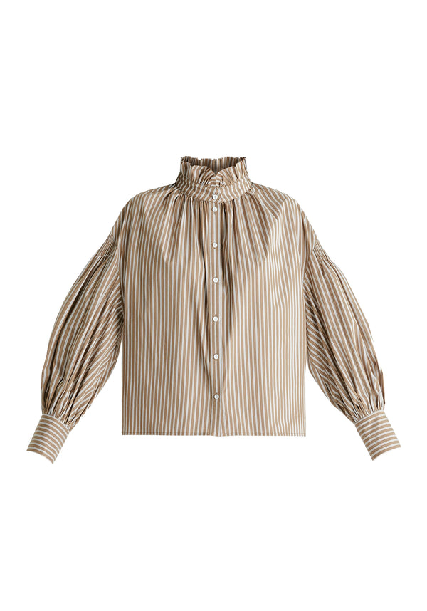 Puff Sleeve Shirt with Ruffled Collar in Khaki Stripes Cutout