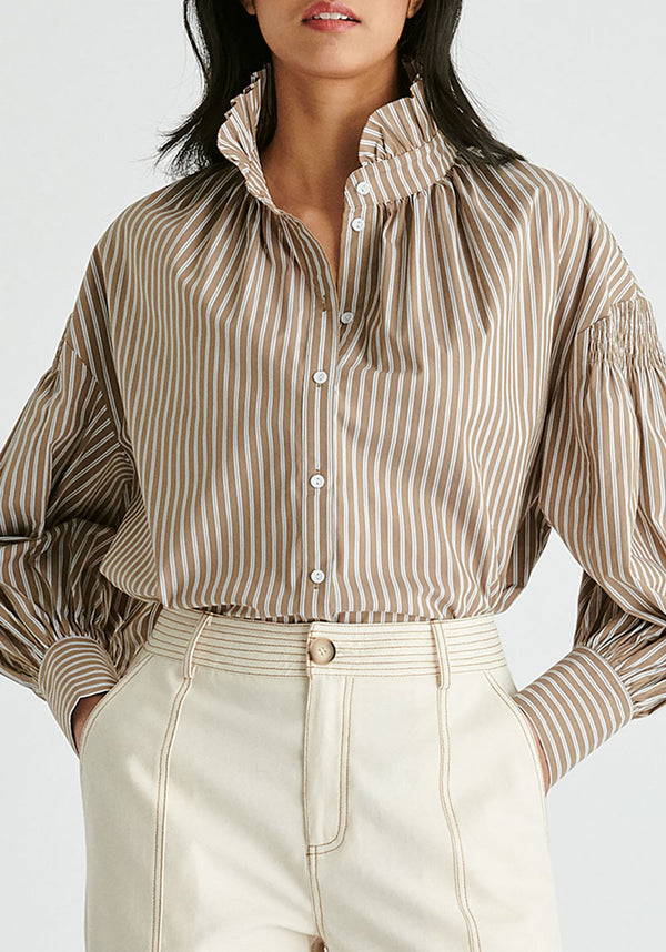 Puff Sleeve Shirt with Ruffled Collar in Khaki Stripes Close up
