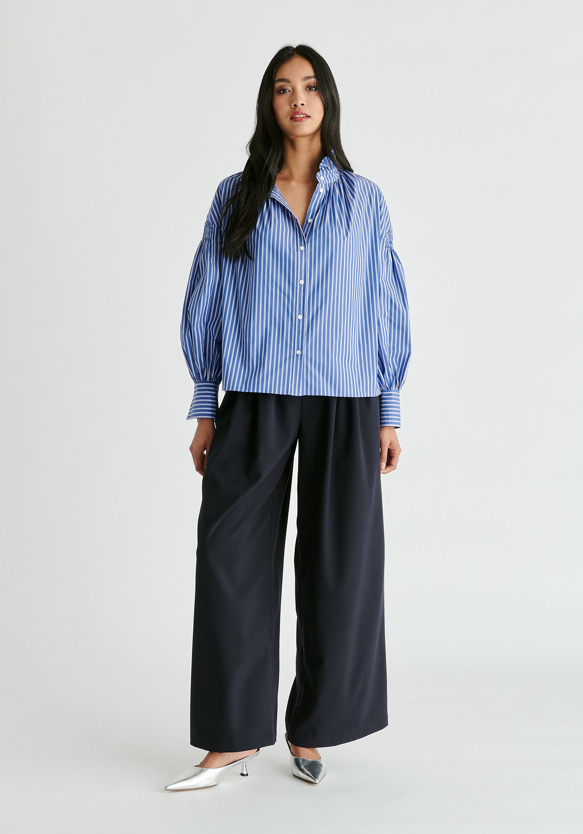 Puff Sleeve Shirt with Ruffled Collar in Blue Stripes