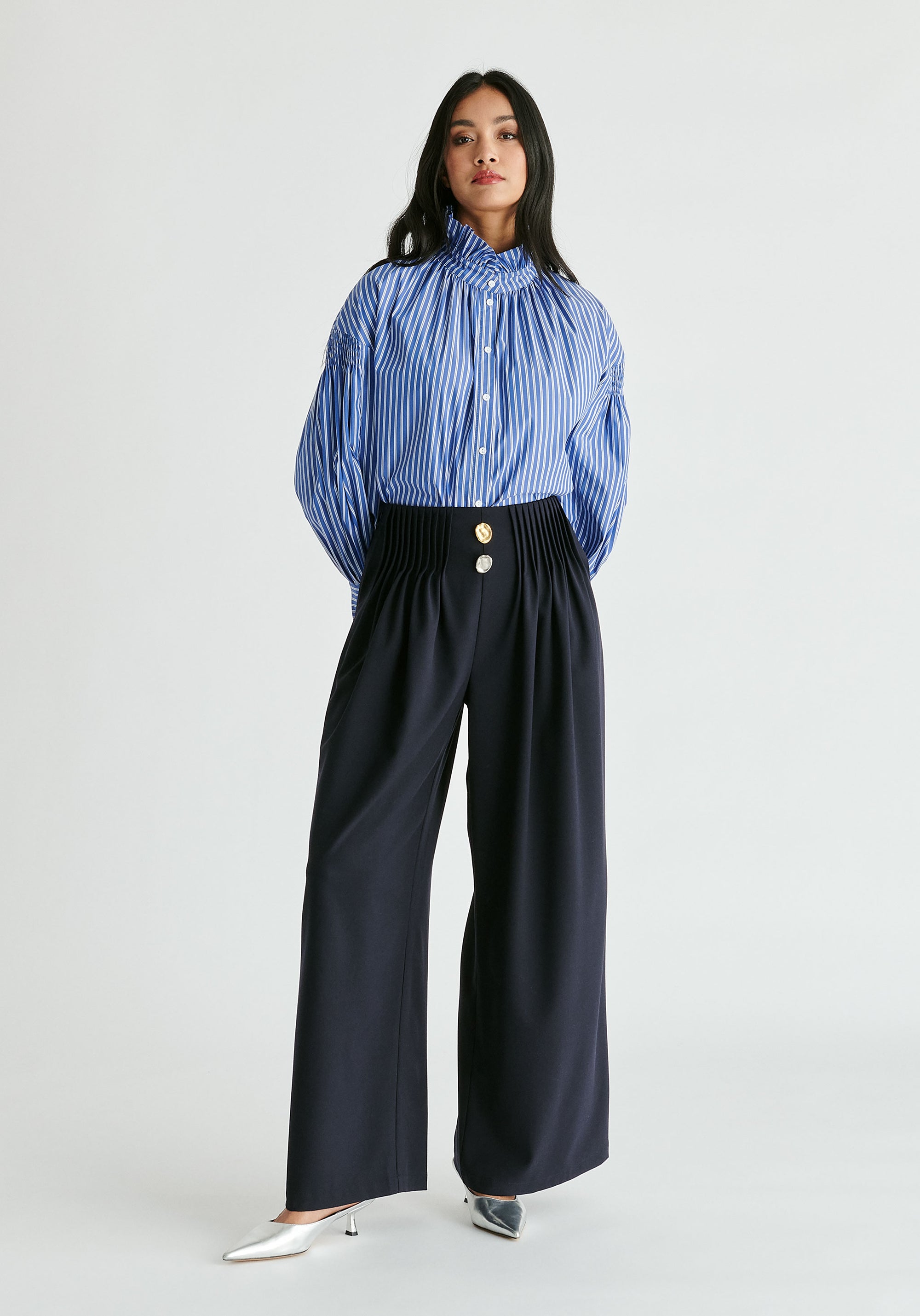 Puff Sleeve Shirt with Ruffled Collar in Blue Stripes Front