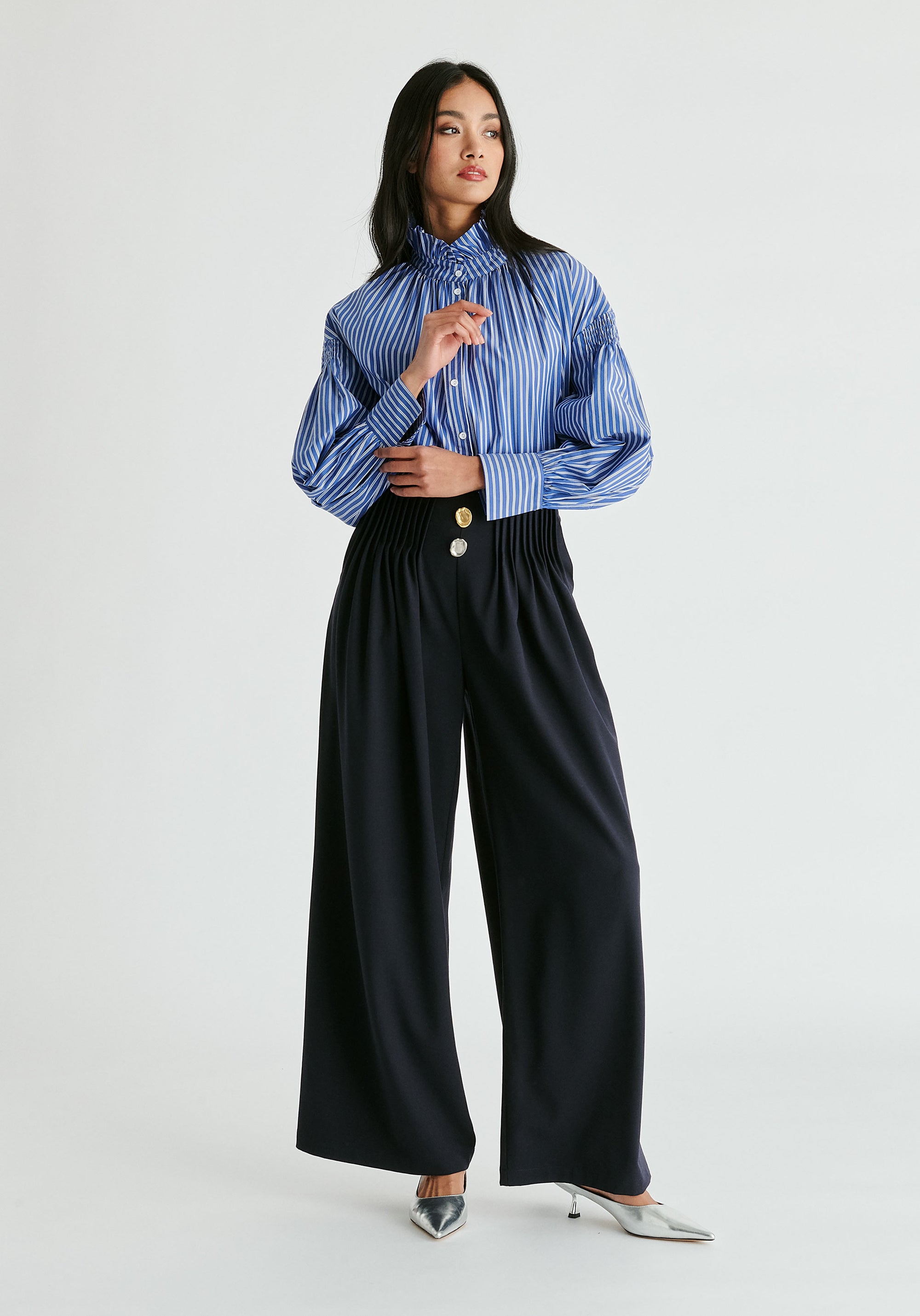 Puff Sleeve Shirt with Ruffled Collar in Blue Stripes Front