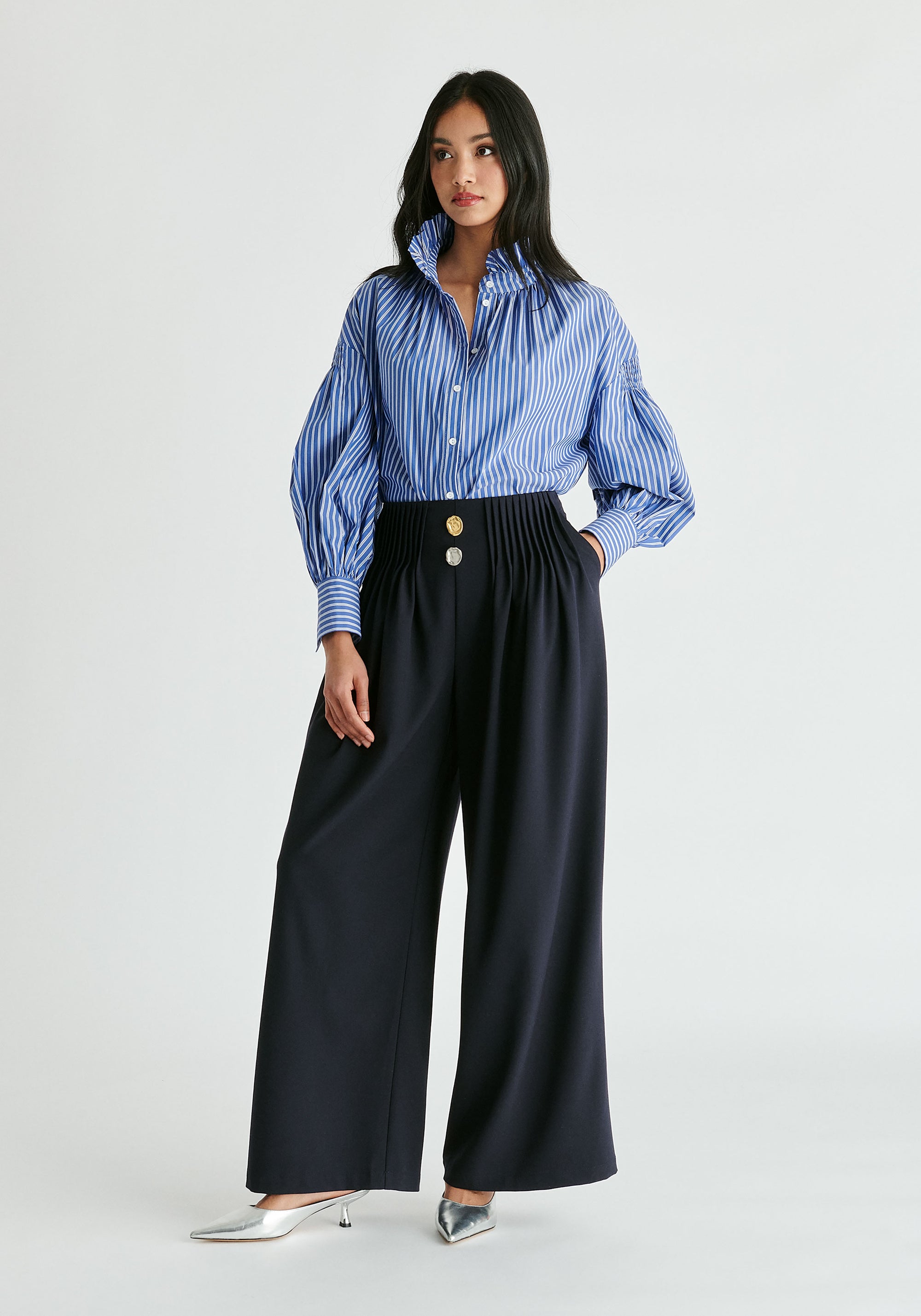 Puff Sleeve Shirt with Ruffled Collar In Blue Stripes Side