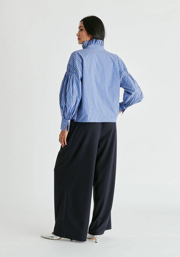 Puff Sleeve Shirt with Ruffled Collar in Blue Stripes Back