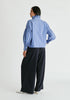 Puff Sleeve Shirt with Ruffled Collar in Blue Stripes Back