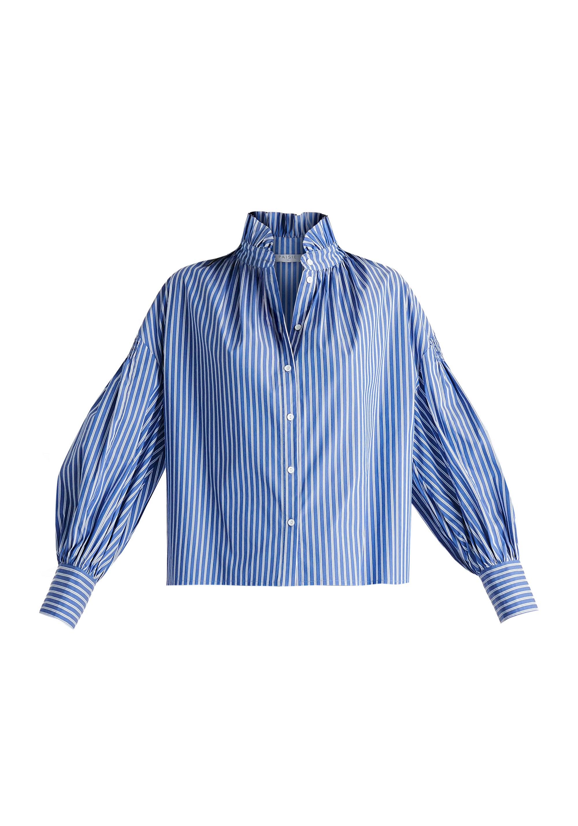 Puff Sleeve Shirt with Ruffled Collar in Blue Stripes Cutout