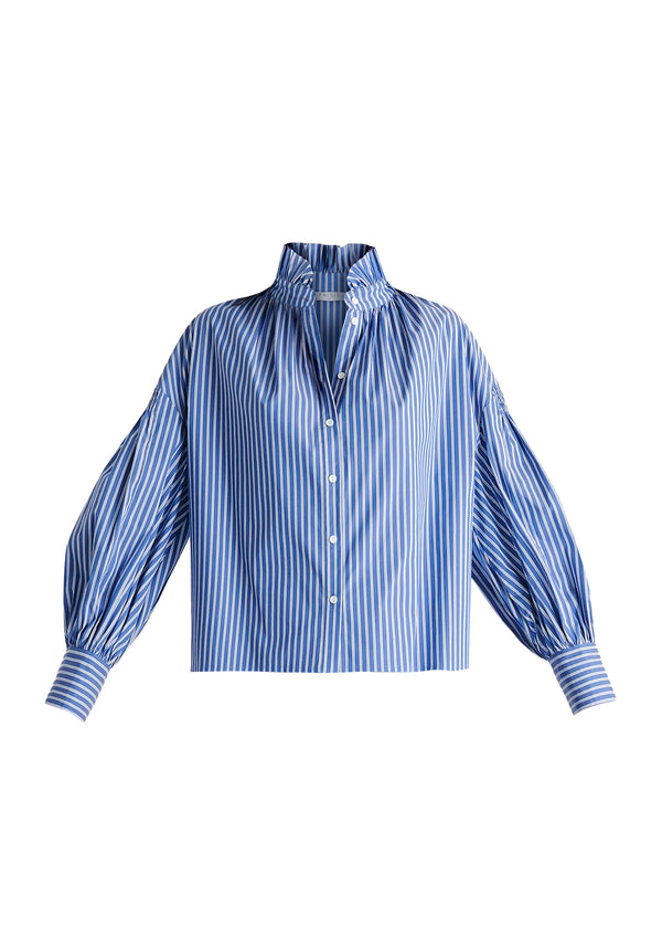 Puff Sleeve Shirt with Ruffled Collar in Blue Stripes Cutout