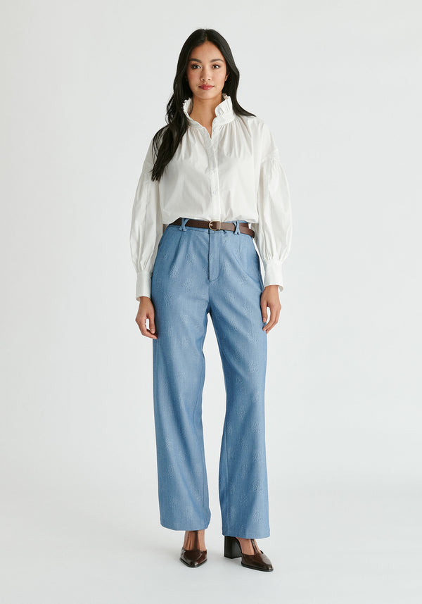 Puff Sleeve Shirt with Ruffled Collar in White Front