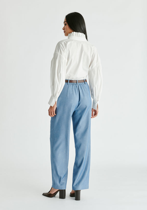 Puff Sleeve Shirt with Ruffled Collar in White Back