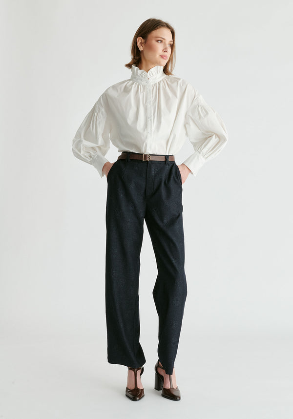 Puff Sleeve Shirt with Ruffled Collar in White Front