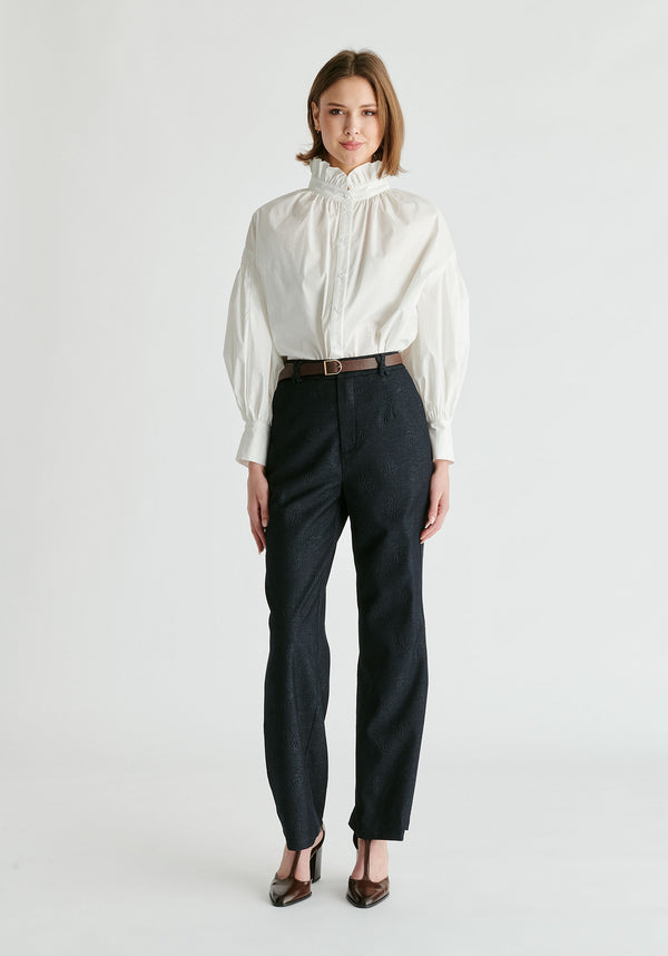 Puff Sleeve Shirt with Ruffled Collar in White Front