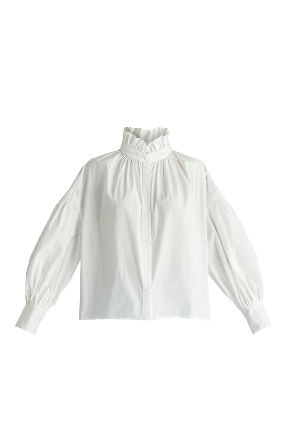 Puff Sleeve Shirt with Ruffled Collar in White Cutout