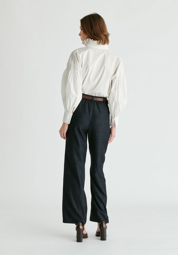 Puff Sleeve Shirt with Ruffled Collar in White Back