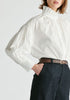 Puff Sleeve Shirt with Ruffled Collar in White Closeup